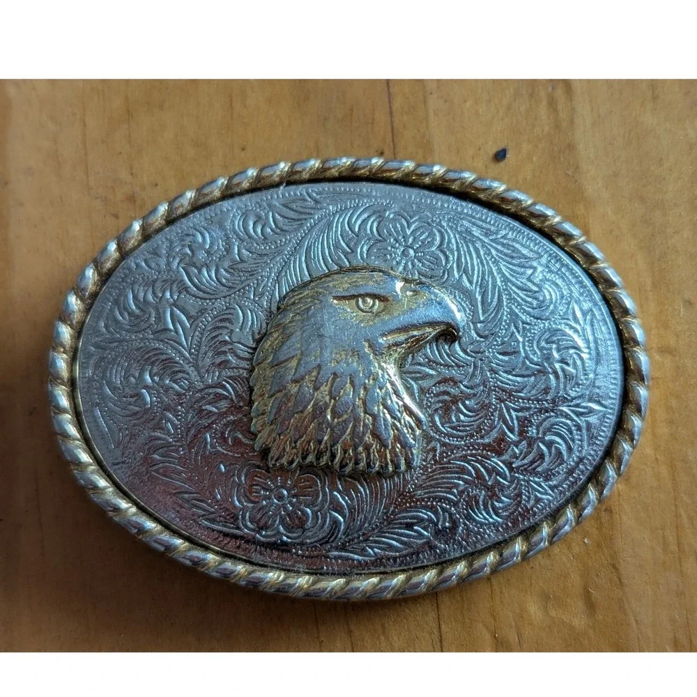 Vintage Style Western Bald Eagle Floral Filigree Two Tone Oval Belt Buckle
